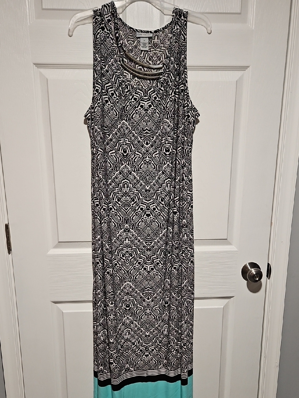 Catherines Black & White Geometric Maxi Dress with Teal Band